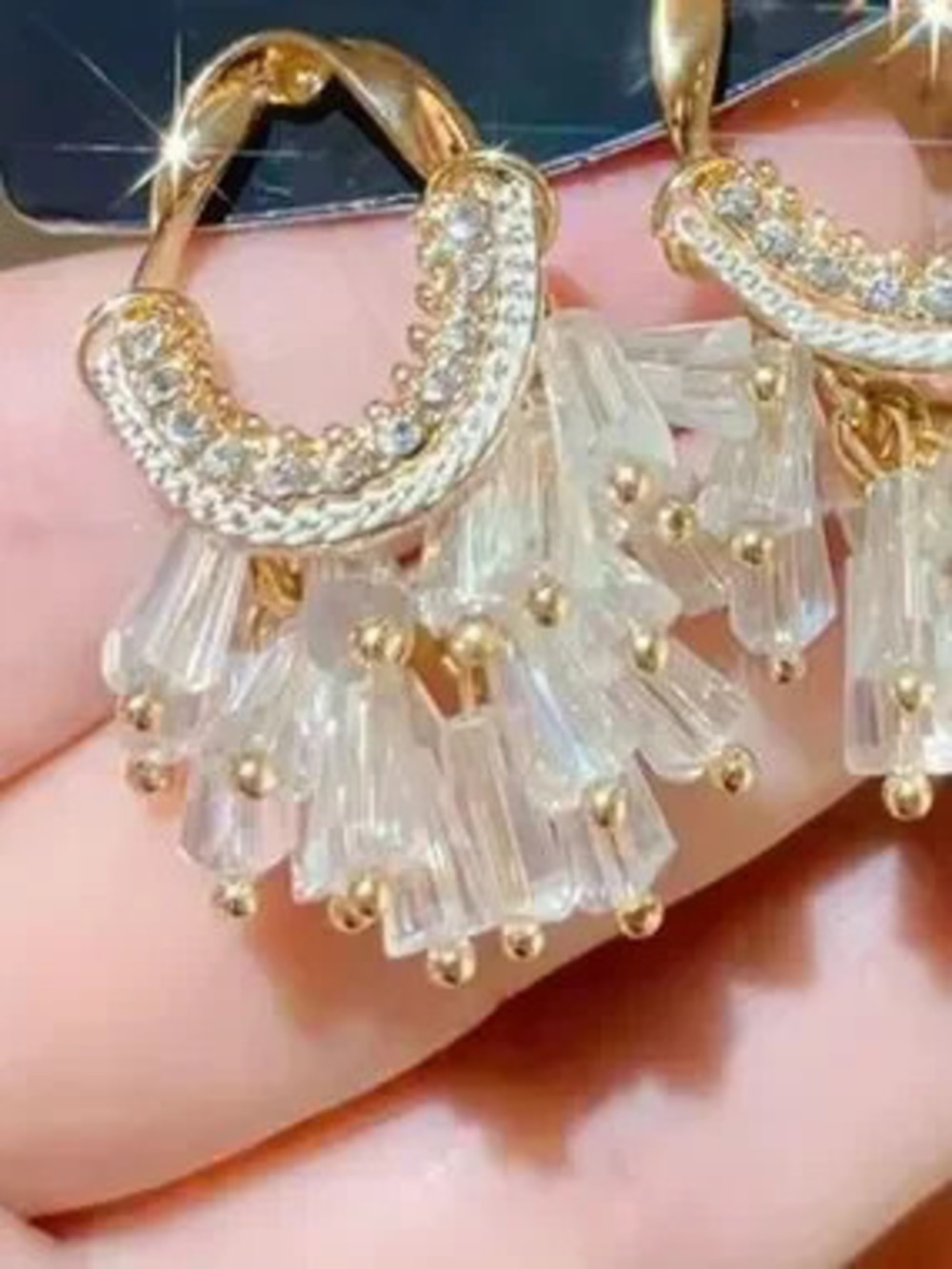 Anthropologie Gold Hoop Earrings with Clear Bead Fringe